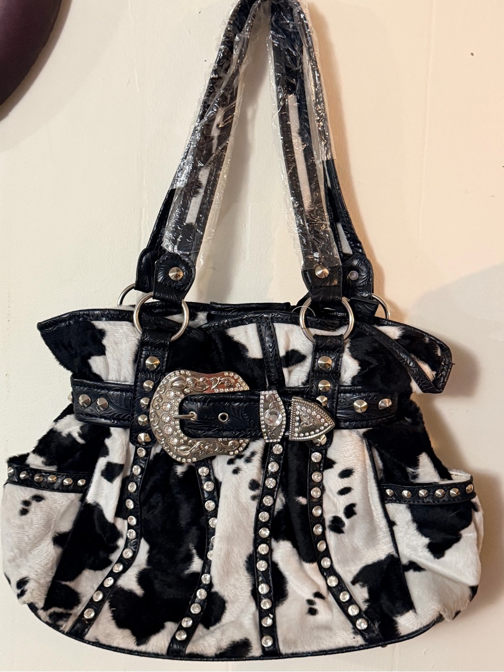 Vintage But New Fluffy Cow Print Pattern Western Handbag Purse Rhinestones